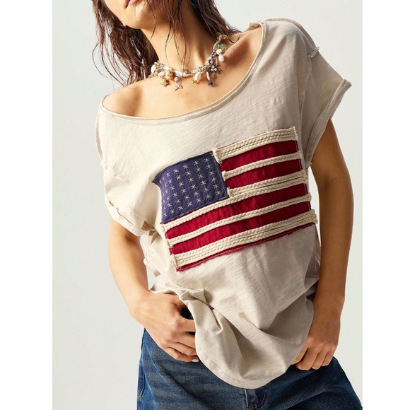 100% Cotton American Flag Beige Oversized Scoop Neck Bohemian Tee Shirt - Picture 4 of 10
